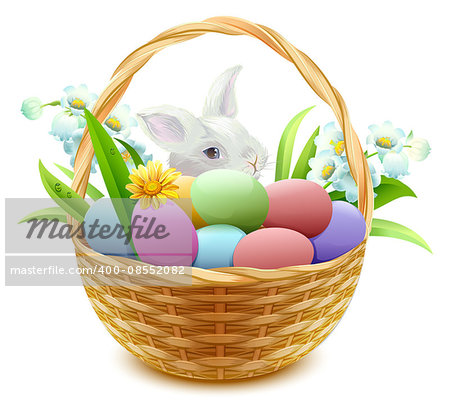 Wicker basket with Easter eggs, flowers and bunny. Isolated on white vector illustration