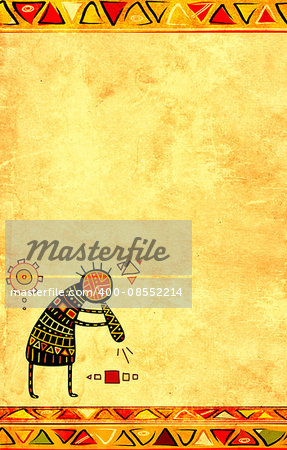 Grunge background with African ethnic patterns and paper texture of yellow color