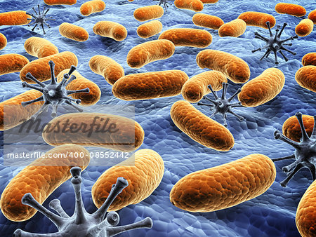 Different pathogen bacteria on the surface.  3d render