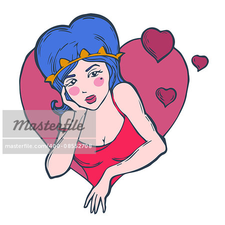 portrait of girl with blue hair with hearts. vector illustration