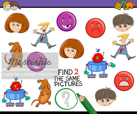 Cartoon Illustration of Find The Same Pictures Educational Activity Task for Preschool Children