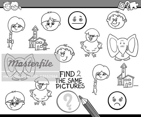 Black and White Cartoon Illustration of Find Identical Pictures Educational Activity Task for Preschool Children Coloring Book