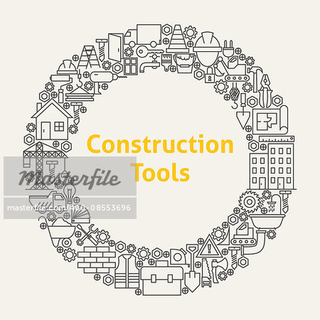 Construction Tools Line Art Icons Set Circle. Vector Illustration of Business Objects. Building and Engineering Items.