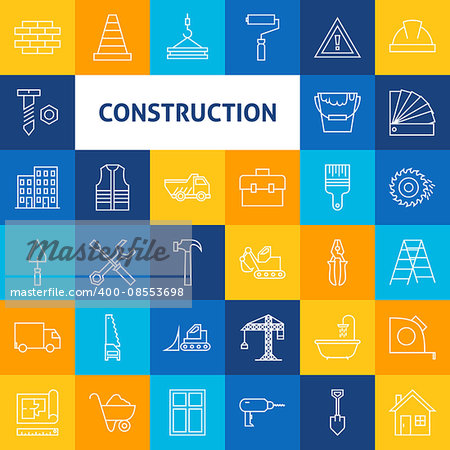 Vector Line Art Construction Icons Set. Vector Set of Modern Thin Outline Building and Working Items over Colorful Squares.