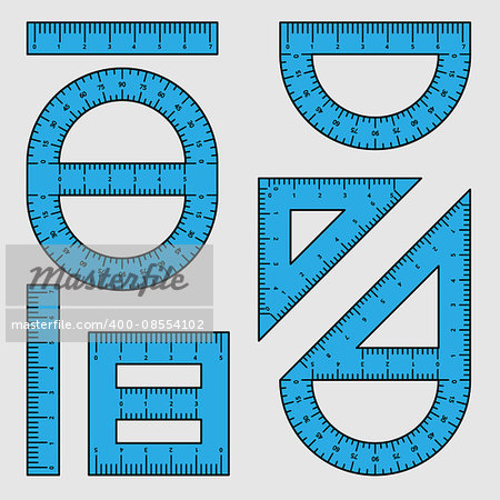 Set of different pupils rulers and protractors