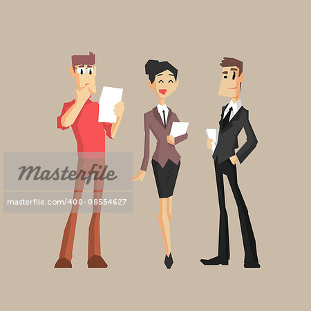 Three Office Workers  Primitive Geometric Cartoon Style Flat Vector Design Isolated Illustration