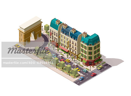 Isometric Parisian street with buildings and Arch