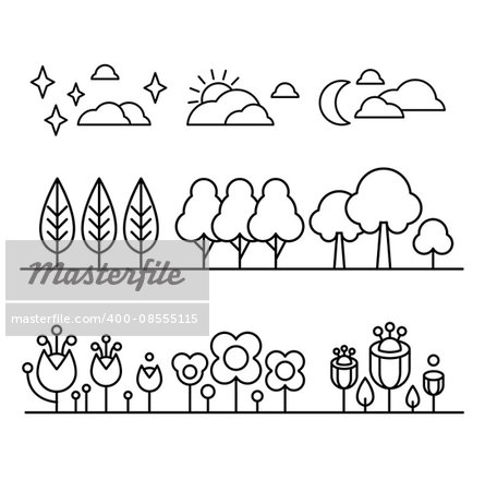 Trees, Flower And Sky Countour  Black White Set Of Flat Vector Icons In Cool Doodle Style