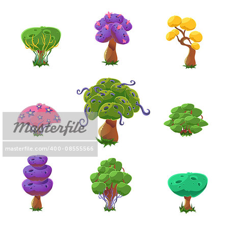 Fantastic Trees Set Of Cute Girly Style Cartoon Vector Flat Drawings Isolated On White Background