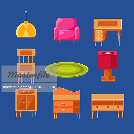 Living Room Objects Set Of Flat Isolated Vector Simplified Bright Color Design Icons On Blue Background