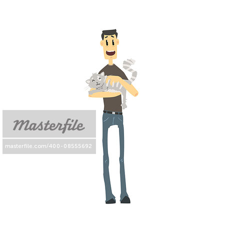 Guy With Fluffy Cat Flat Isolated Vector Simple Drawing On White Background In Funny Cartoon Style