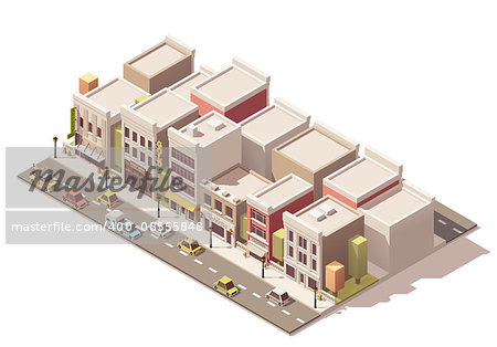 Isometric town street with different buildings