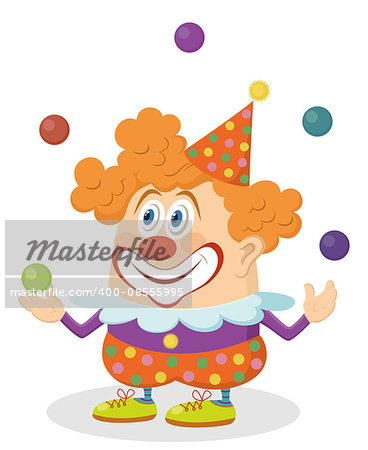 Cheerful kind circus clown in colorful clothes juggling balls, holiday illustration, funny cartoon character, isolated on white background. Vector