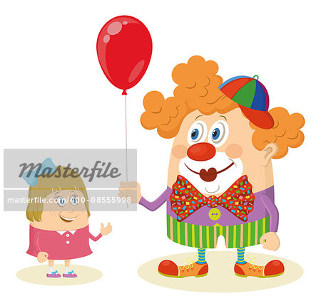 Cheerful kind circus clown in colorful clothes gives a little girl a balloon, holiday illustration, funny cartoon character, isolated on white background. Vector