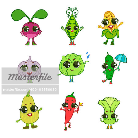 Vegetables Illustration Collection Of Flat Outlined Isolated Cartoon Humanized Characters In Cute Girly Style On White Background