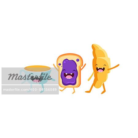 Coffee, Toast And Croissant Cartoon Friends Colorful Funny Flat Vector Isolated Illustration On White Background