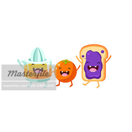 Orange, Squeezer And Toast Cartoon Friends Colorful Funny Flat Vector Isolated Illustration On White Background
