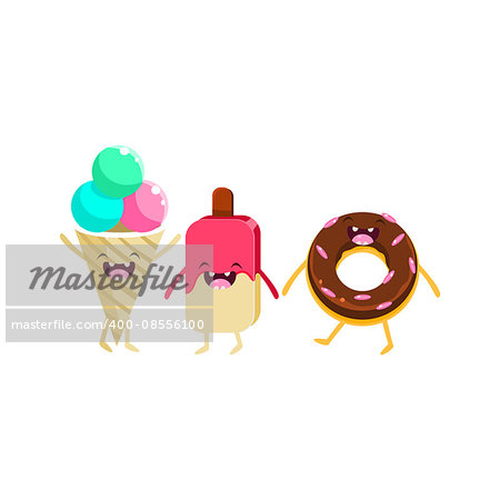 Ice-cream And Doughnut Cartoon Friends Colorful Funny Flat Vector Isolated Illustration On White Background