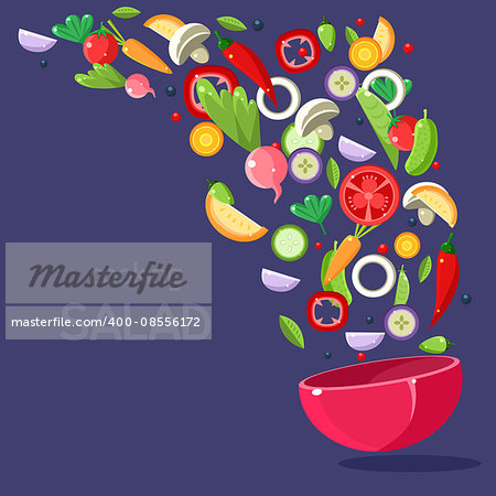 Salad Ingredients Flying Into Bowl Flat Bright Colors Simple Style Vector Illustration On Dark Blue Background