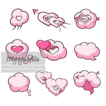 Heart Shaped Cloud Set Of Flat Outlined Pink Cartoon Girly Style Icons On White Background