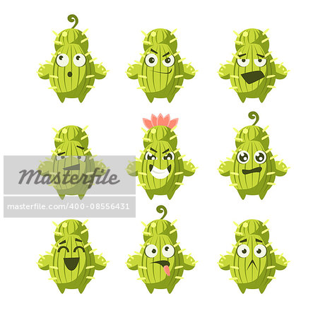 Cartoon Cactus Emoji Set Of Flat Isolated Funny Vector Icons In Childish Style