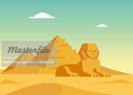 Pyramids And Sphynx Flat Bright Color Simplified Vector Illustration In Realistic Cartoon Style Design