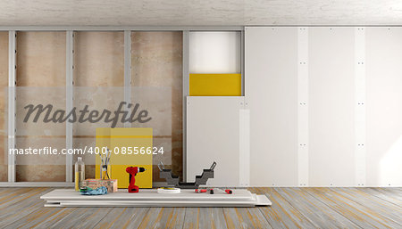 Renovation of an old house with plaster board and insulation material - 3d rendering
