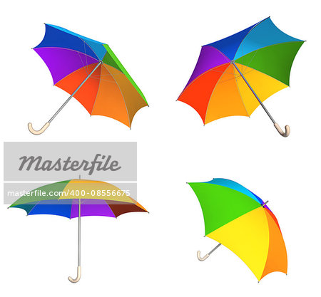 Collection of rainbow umbrellas. View from different angles. Objects isolated on white background. 3d render