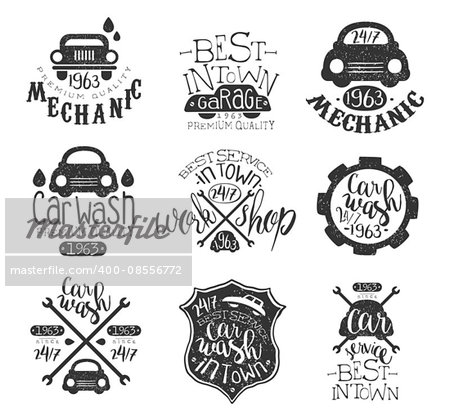 Car Wash Vintage Stamp Collection Of Monochrome Vector Design Labels On White Background