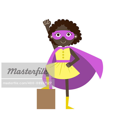 Girl In Superhero Costume With Violet Cape Funny And Adorable Flat Isolated Vector Design Illustration On White Background