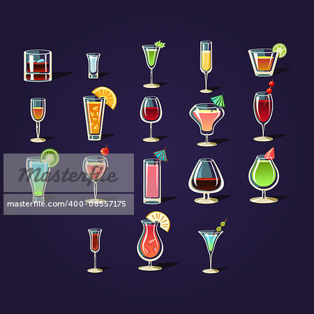 Cocktail Set Of Outlined Flat Vector Stickers In Cartoon Design Isolated On Dark Background