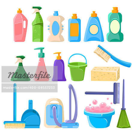 Household Cleaning Equipment Set Of Flat Isolated Vector Simplified Bright Color Design Icons On White Background