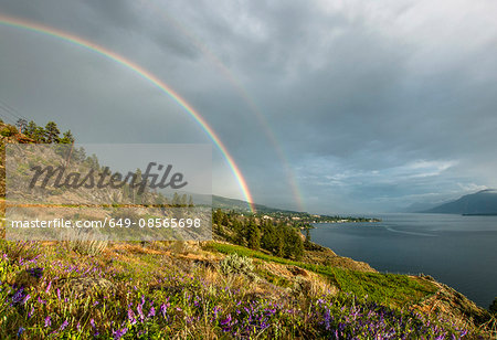 Summer storm and double rainbow over Ponderosa Pine trees, Okanagan Lake and the South Okanagan Valley Naramata, British Columbia, Canada