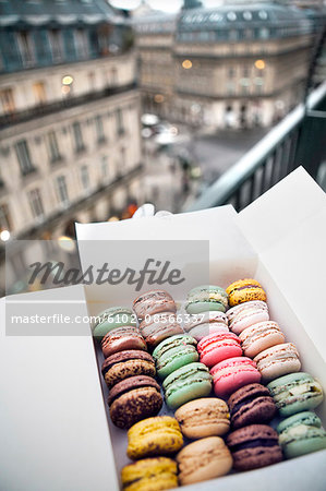 Colorful macarons in box