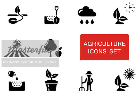 set of black agriculture icons with red accent