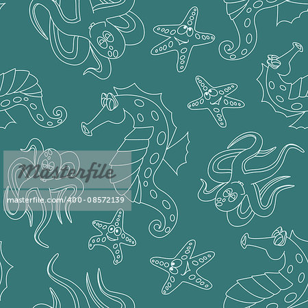 Underwater inhabitants of the contours. Seamless background. Marine and underwater themes.