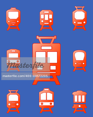 set red glossy trains on blue background