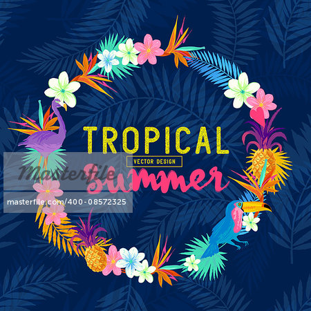 Vivid Tropical Wreath. Including flamingo, Palms, Toucans, Bird of paradise flowers and pineapples.