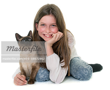 child and siamese cat in front of white background