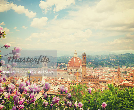 cityscape with church Santa Maria del Fiore at spring day with blooming magnolia, Florence, Italy, retro toned