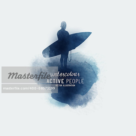 Watercolour Surfing Abstract. Watercolour stain with a surfer looking into the surf. Vector illustration