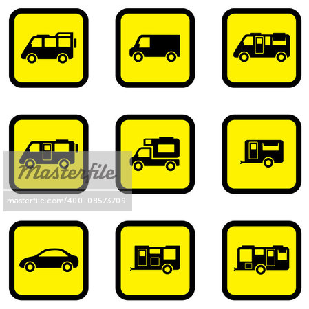 isolated camper car silhouette on yellow icon set