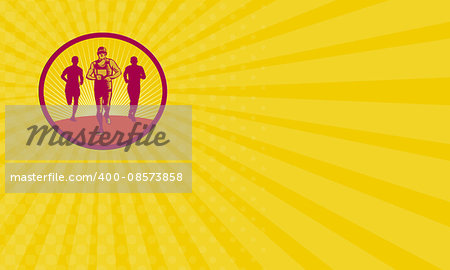 Business card showing illustration of a marathon runner with fellow runners in the back viewed from front set inside circle with sunburst in the background done in retro woodcut style.