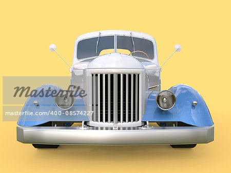 Old restored pickup. Pick-up in the style of hot rod. 3d illustration. White and blue car on a yellow background