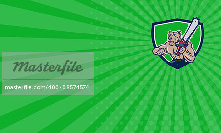 Business card showing illustration of mongrel dog lumberjack arborist tree surgeon holding a chainsaw set inside crest on isolated white background done in cartoon style.