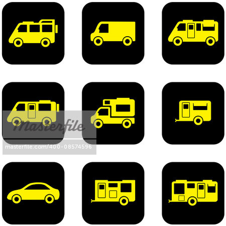 yellow camper transport set on black icons