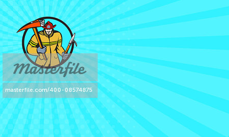Business card showing illustration of a fireman fire fighter emergency worker holding a fire axe and hook viewed from front set inside circle on isolated background done in retro style.