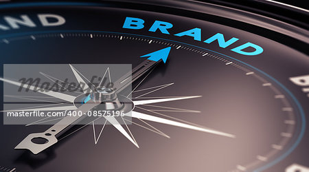 Choosing a brand name concept. 3D illustration of a compass with needle pointing the word brand. Blue and black tones.