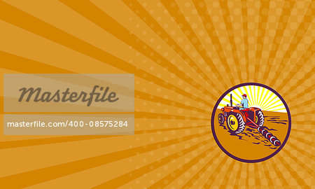 Business card showing illustration of a farmer gardener riding on tractor plowing mowing viewed from rear set inside circle with sunburst in the background done in retro style.