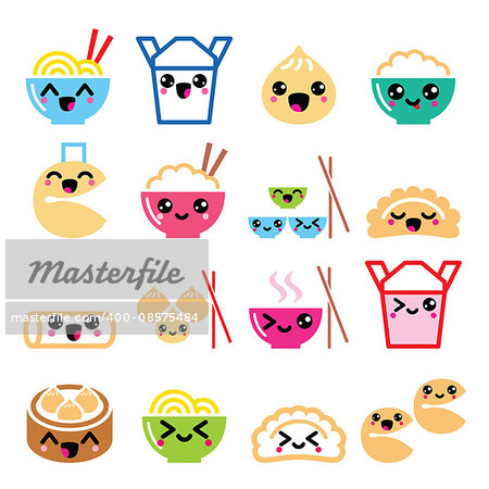 Vector icons set of cute Kawaii Chinese food isolated on white